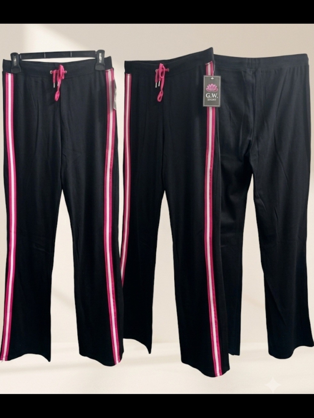 NWT G.W. Sport Black Flare Track Pants Pink White Side Stripe L